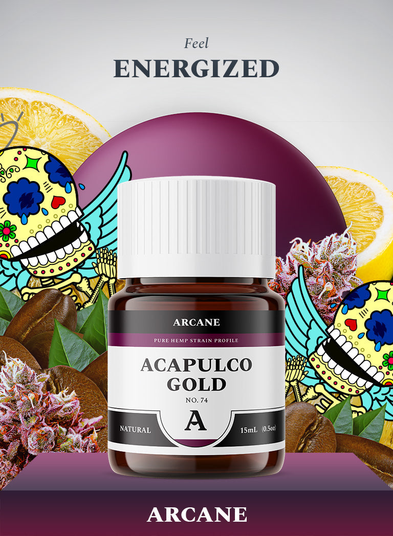 Arcane Aromatics Acapulco Gold Pure Hemp Terpene Strain Profile. Terpenes and Plant Essentials Derived from Organic Hemp. Arcane: Live Terpenes