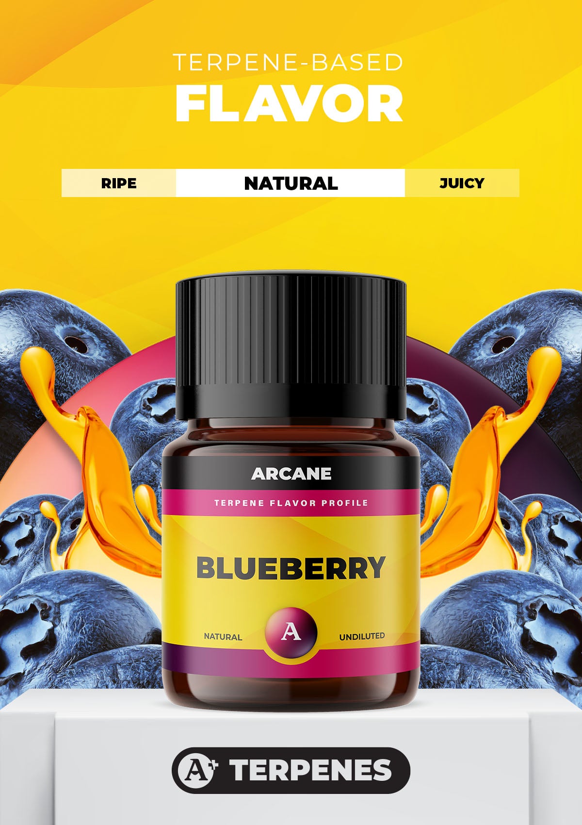 Arcane Aromatics All-Natural Botanical Terpene Flavors. Blueberry: Undeniably sweet and juicy blueberry with a market fresh essence. . PRIMARY TERPENES: Limonene, Caryophyllene, Myrcene and Linalool.
