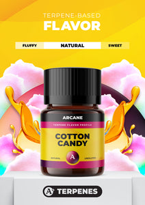 Arcane Aromatics All-Natural Botanical Terpene Flavors. Cotton Candy: Fluffy and sugary sweet just like classic cotton candy.  PRIMARY TERPENES: Limonene, Caryophyllene, Myrcene and Linalool.