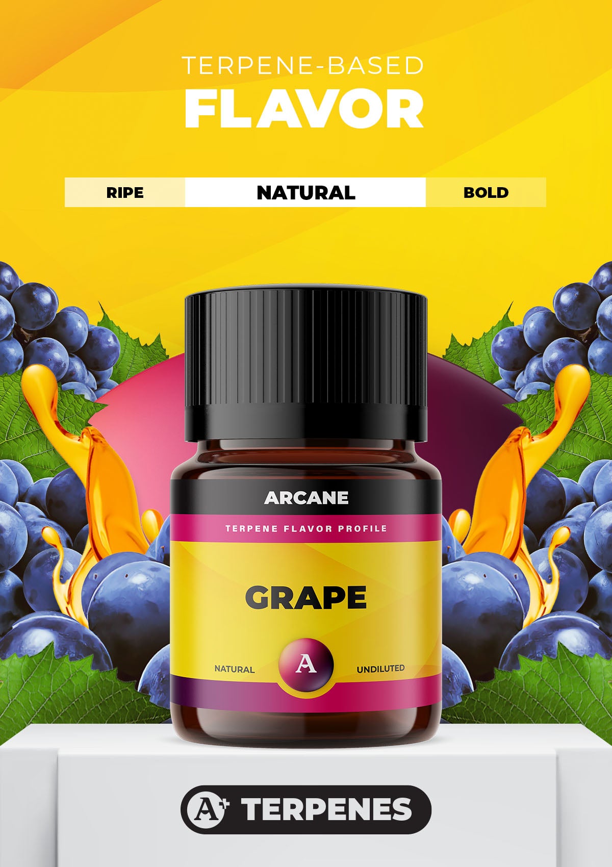 Arcane Aromatics All-Natural Botanical Terpene Flavors. Grape: Ripe and bold grapes with a punch of purple essence. PRIMARY TERPENES: Limonene, Caryophyllene, Myrcene and Linalool.