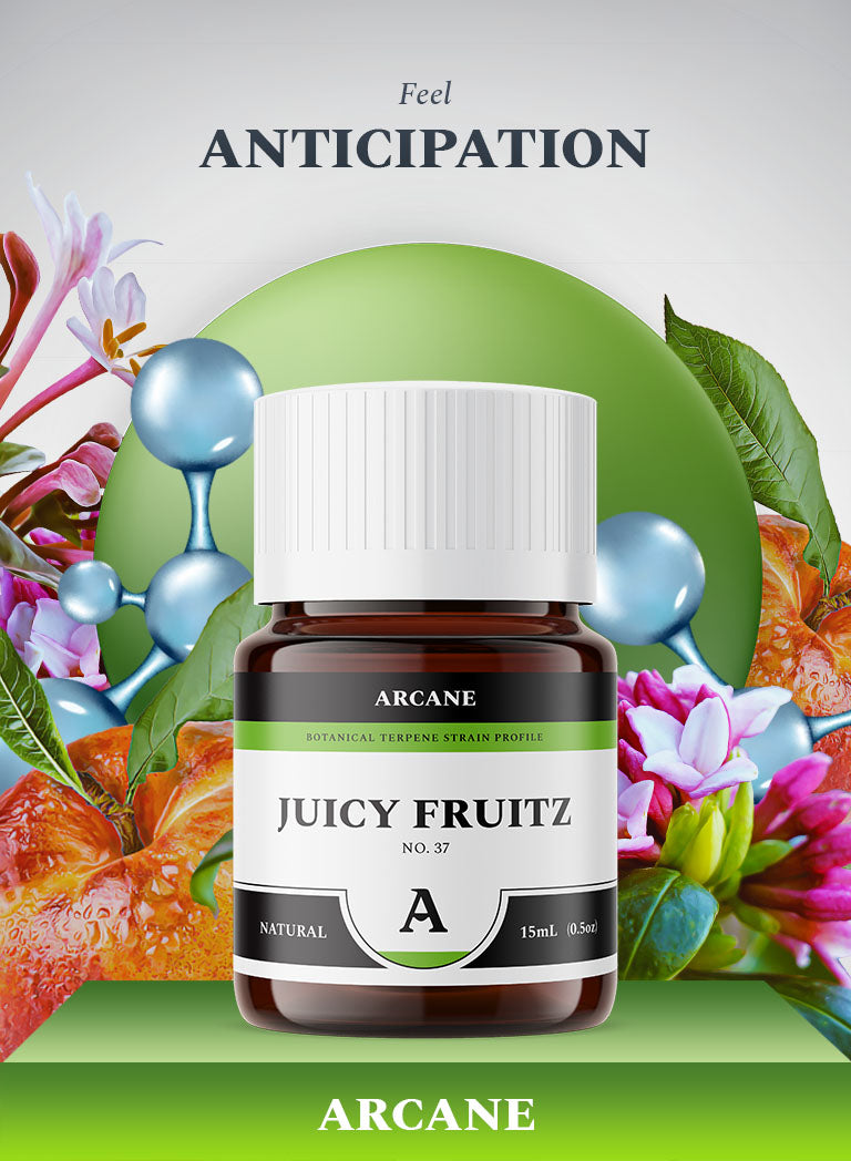 Arcane Aromatics Juicy Fruitz Natural Botanical Terpene Strain Profile. Sativa Hybrid Cannabis Centric Natural Terpenes. Arcane: Live Terpenes