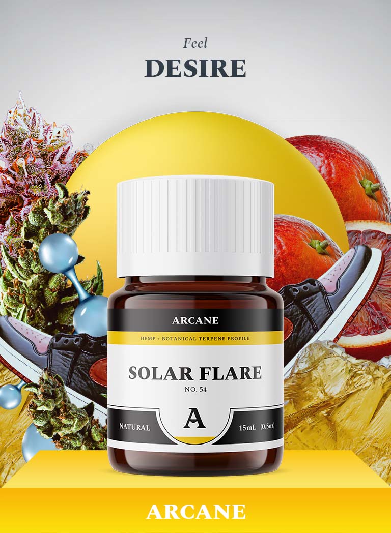 Arcane Aromatics Solar Flare Hemp and Botanical Terpene Strain Profile. Indica Sativa Cannabis Centric Natural Terpenes and Plant Essentials. Arcane: Live Terpenes