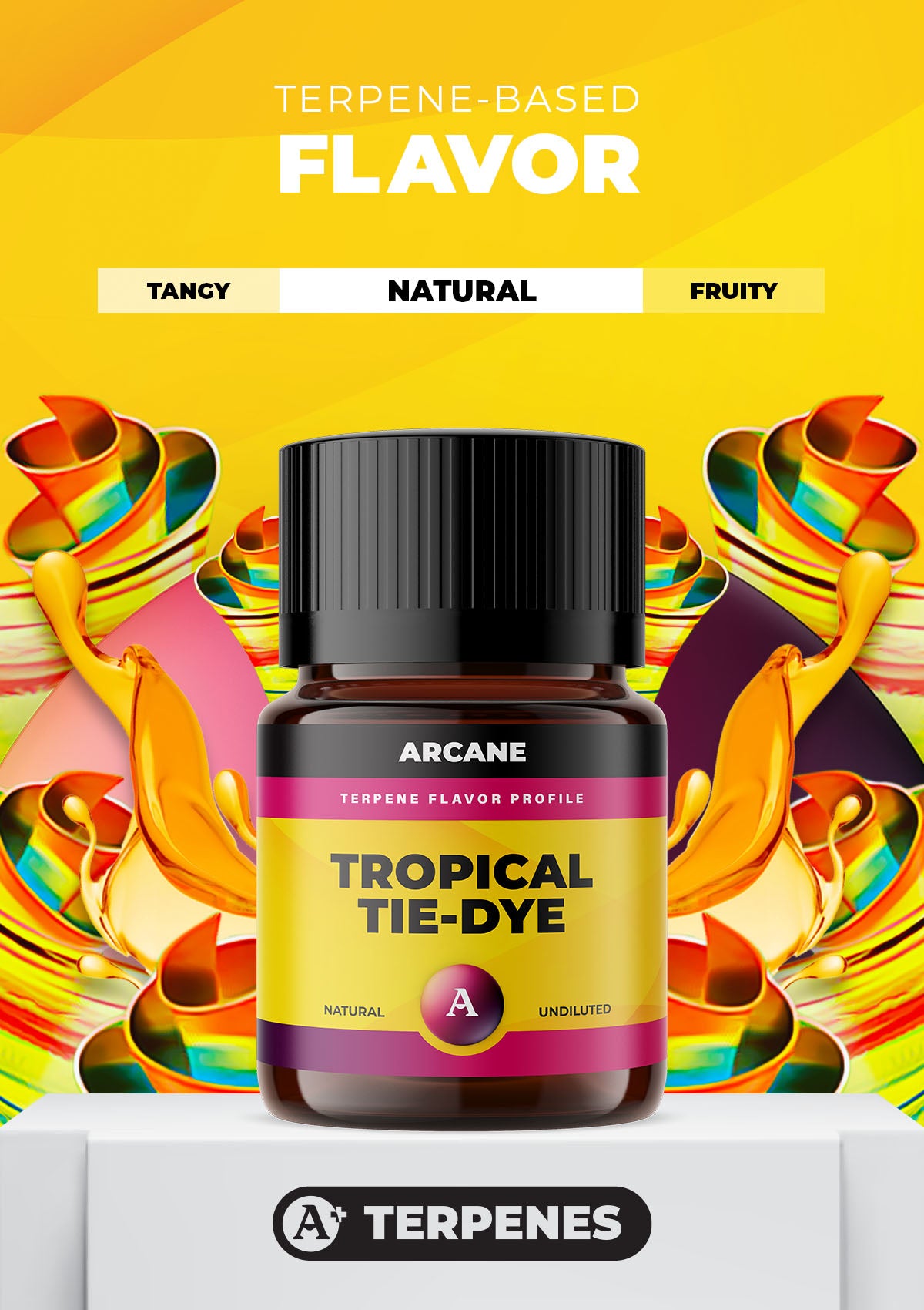 Arcane Aromatics All-Natural Botanical Terpene Flavors. Tropical Tie-Dye: Sweet and tangy soft tropical rolled into one. PRIMARY TERPENES: Limonene, Caryophyllene, Myrcene and Linalool.